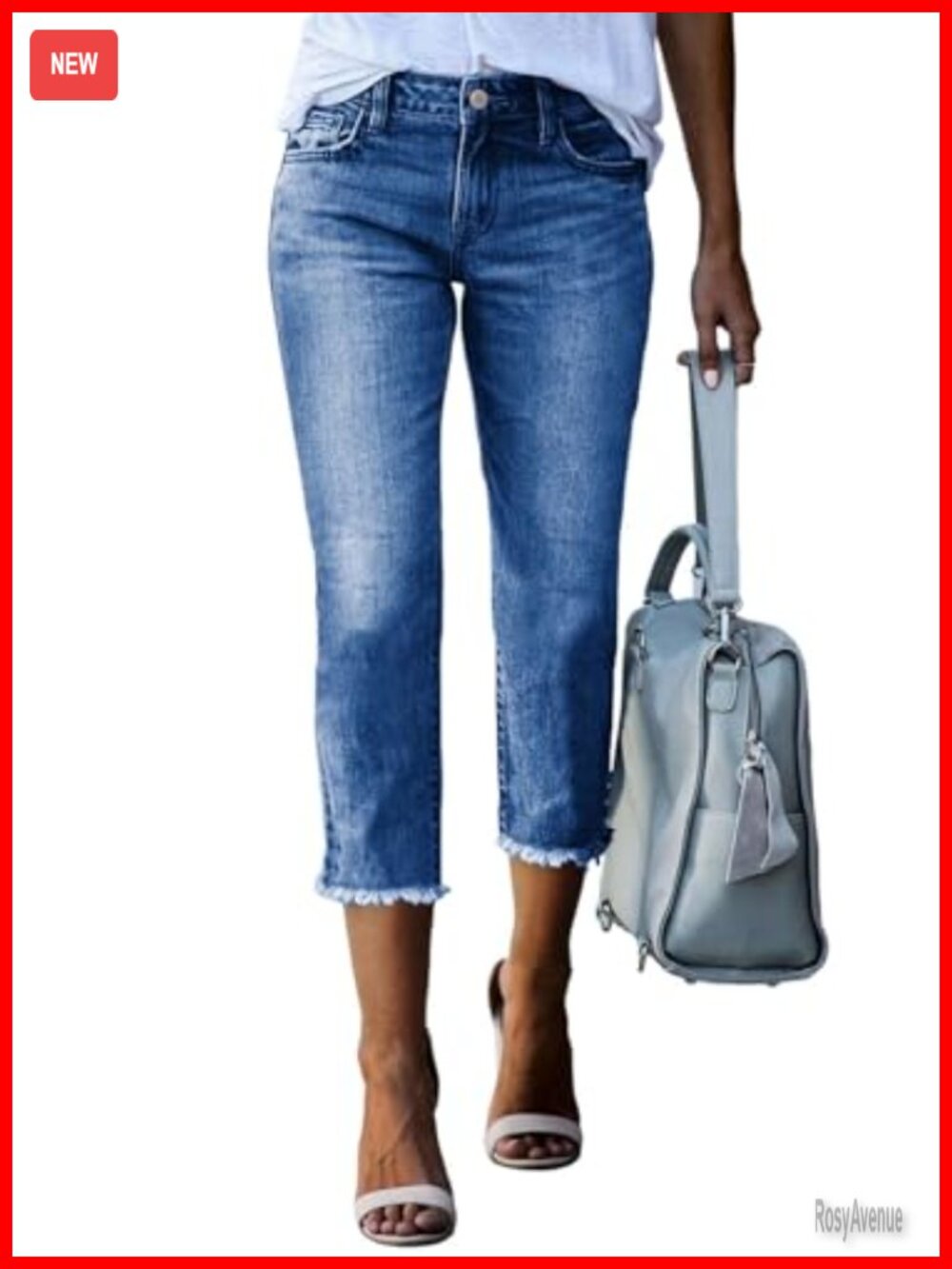 High Waisted Straight Leg Capri Jeans Raw Hem Stretch Denim Crop Pants